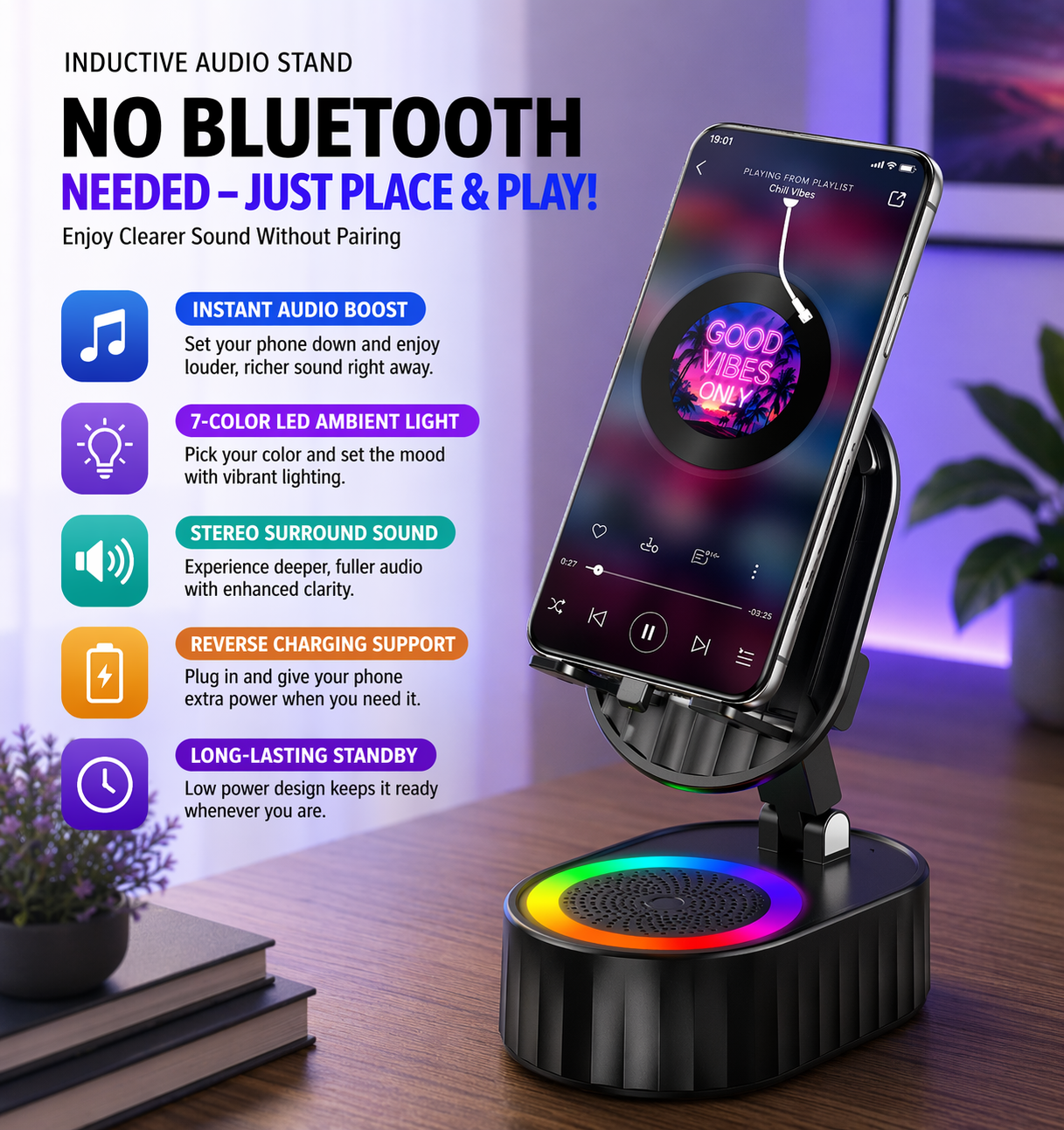 5-in-1 Wireless Bluetooth Speaker & Phone Holder with Ambient Light, 3000mAh Battery, Foldable (Black)