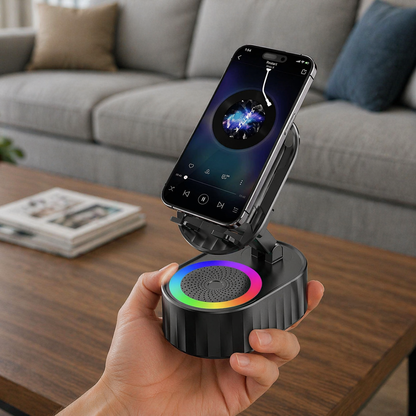 5-in-1 Wireless Bluetooth Speaker & Phone Holder with Ambient Light, 3000mAh Battery, Foldable (Black)