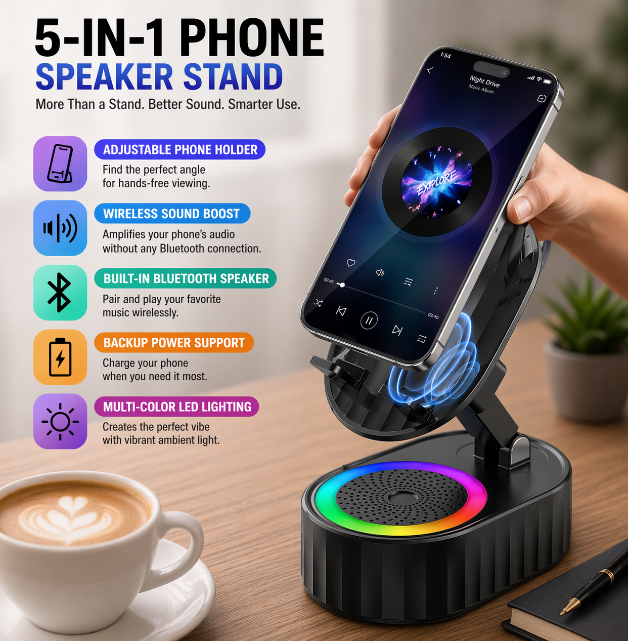 5-in-1 Wireless Bluetooth Speaker & Phone Holder with Ambient Light, 3000mAh Battery, Foldable (Black)